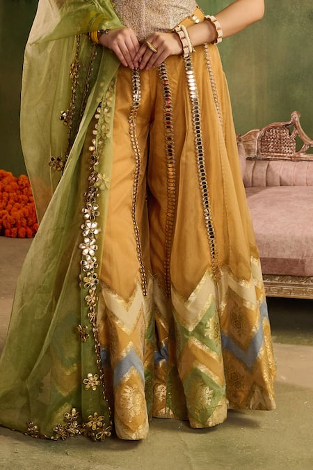 Shop_Reeti Arneja - Theklub_Yellow Organza, Brocade, Chanderi Sequins, Chamkeeli Haldi Corset And Sharara Set _Online_at_Aza_Fashions