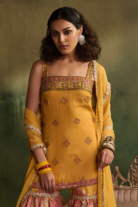 Reeti Arneja - Theklub_Yellow Chanderi Lace, Embroidery Square Neck Sunlit Chevron Sharara Set _Online_at_Aza_Fashions