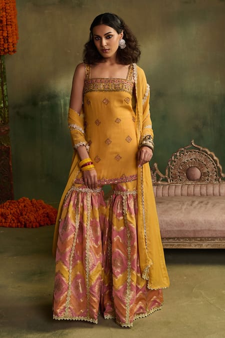 Reeti Arneja - Theklub Yellow Chanderi Lace, Embroidery Square Neck Sunlit Chevron Sharara Set
