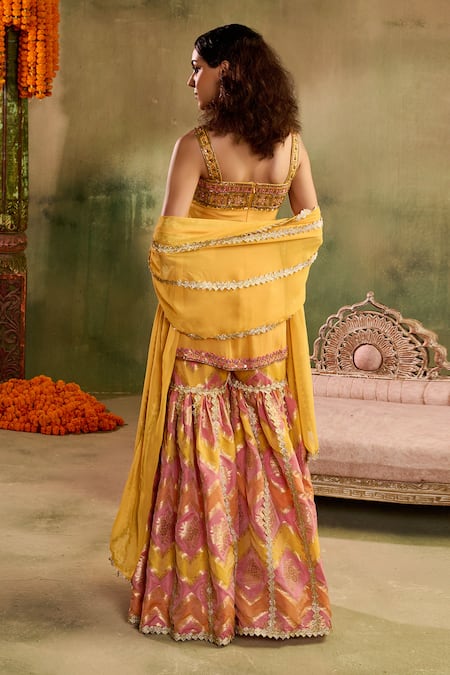 Shop_Reeti Arneja - Theklub_Yellow Chanderi Lace, Embroidery Square Neck Sunlit Chevron Sharara Set _Online_at_Aza_Fashions