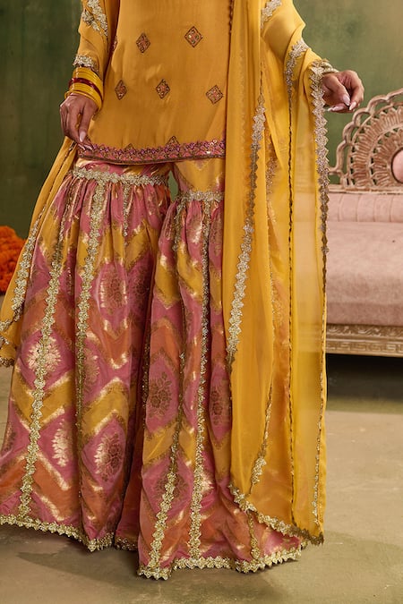 Reeti Arneja - Theklub_Yellow Chanderi Lace, Embroidery Square Neck Sunlit Chevron Sharara Set _at_Aza_Fashions