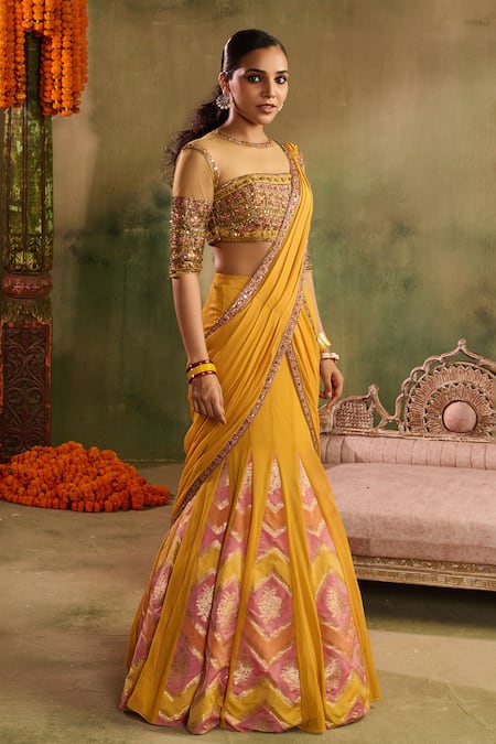 Reeti Arneja - Theklub_Yellow Chanderi, Net, Georgette Embroidery Round Haldi Genda Glory Lehenga Set _Online_at_Aza_Fashions