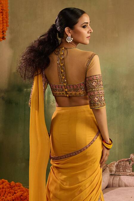 Buy_Reeti Arneja - Theklub_Yellow Chanderi, Net, Georgette Embroidery Round Haldi Genda Glory Lehenga Set _Online_at_Aza_Fashions