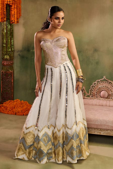 Reeti Arneja - Theklub Yellow Chanderi Sequins Sweetheart Neck Chamkeeli Ivory Sharara Set