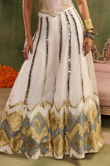 Reeti Arneja - Theklub_Yellow Chanderi Sequins Sweetheart Neck Chamkeeli Ivory Sharara Set _Online_at_Aza_Fashions