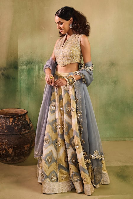Reeti Arneja - Theklub Yellow Chanderi, Organza Mirrors, Zari, Sequins, Rangrez Banarasi Lehenga Set 