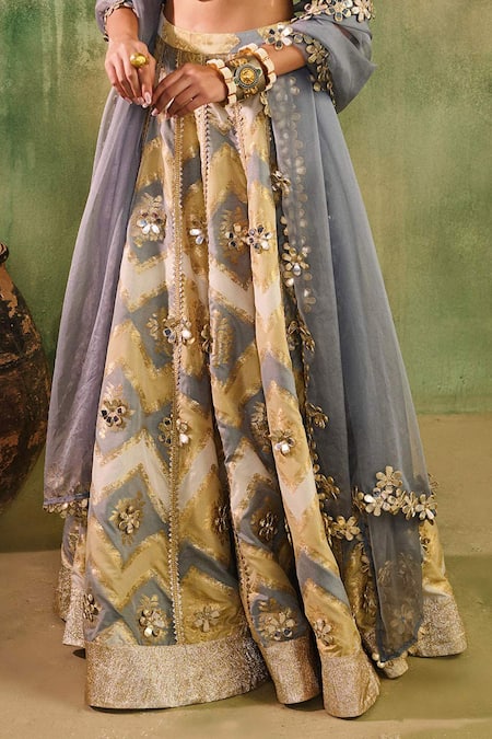 Reeti Arneja - Theklub_Yellow Chanderi, Organza Mirrors, Zari, Sequins, Rangrez Banarasi Lehenga Set _Online_at_Aza_Fashions