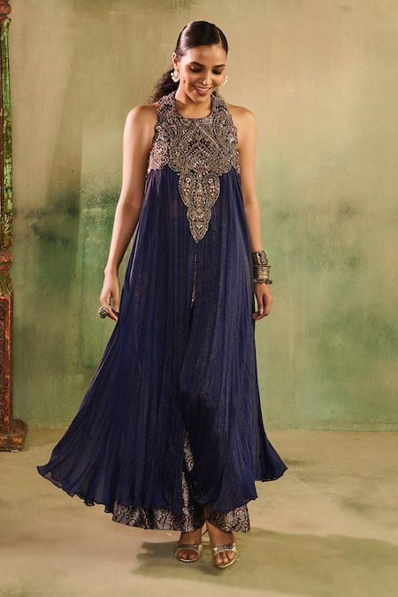 Reeti Arneja - Theklub_Blue Handloom Cotton, Silk Begum Midnight Maroon Mughal _Online_at_Aza_Fashions