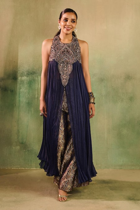 Reeti Arneja - Theklub Blue Handloom Cotton, Silk Begum Midnight Maroon Mughal