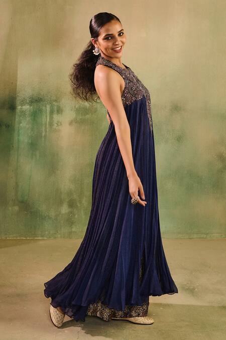 Buy_Reeti Arneja - Theklub_Blue Handloom Cotton, Silk Begum Midnight Maroon Mughal _Online_at_Aza_Fashions