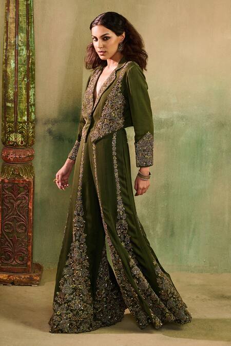 Buy_Reeti Arneja - Theklub_Olive Green Georgette Embroidery, Beads, Raabta Mehendi Jacket Sharara Set  _Online_at_Aza_Fashions