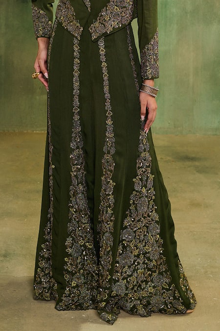 Reeti Arneja - Theklub_Olive Green Georgette Embroidery, Beads, Raabta Mehendi Jacket Sharara Set  _at_Aza_Fashions