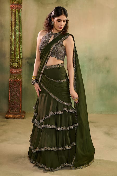 Reeti Arneja - Theklub Green Georgette Embroidery, Sequins, Beads, Metallic Abeer Layered Lehenga Set 