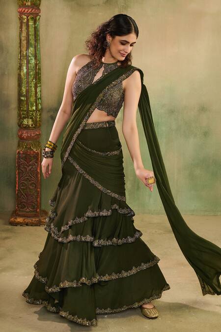 Shop_Reeti Arneja - Theklub_Green Georgette Embroidery, Sequins, Beads, Metallic Abeer Layered Lehenga Set _Online_at_Aza_Fashions
