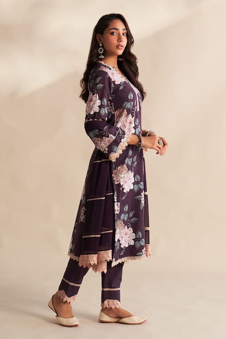 Roze_Purple Cambric, Cotton, Chiffon Lace V-neck Zareen Printed Kurta Set _Online_at_Aza_Fashions