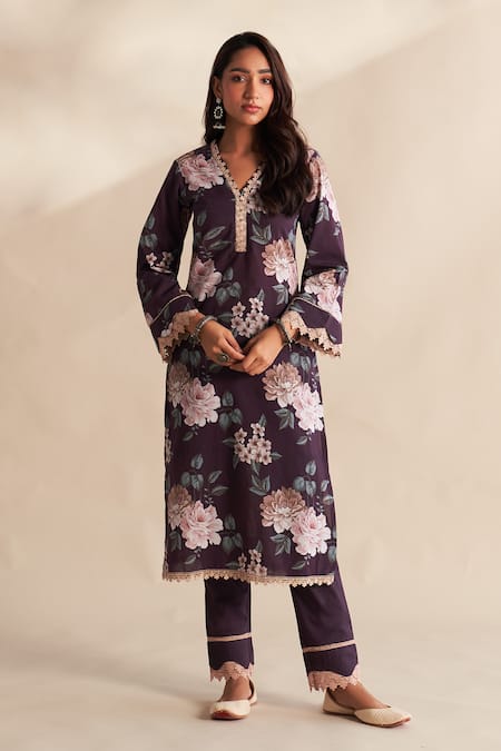 Roze_Purple Cambric, Cotton, Chiffon Lace V-neck Zareen Printed Kurta Set _at_Aza_Fashions
