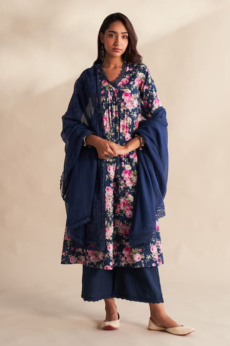 Shop_Roze_Blue Cambric, Cotton, Kota Doria Lace V-neck Afsa Printed Kurta Set _Online_at_Aza_Fashions