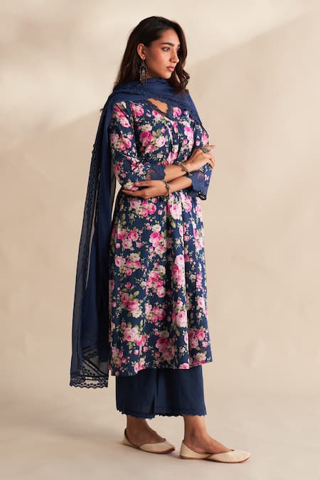 Roze_Blue Cambric, Cotton, Kota Doria Lace V-neck Afsa Printed Kurta Set _at_Aza_Fashions