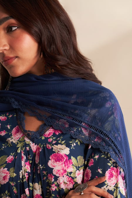 Buy_Roze_Blue Cambric, Cotton, Kota Doria Lace V-neck Afsa Printed Kurta Set 