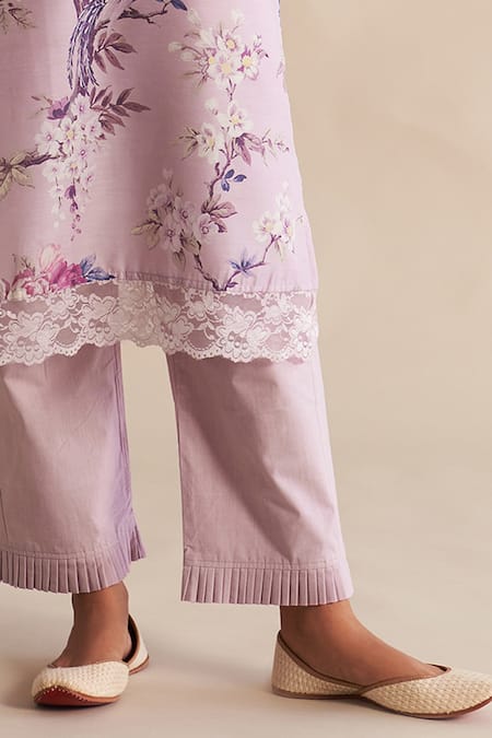 Roze_Lilac Cambric, Cotton, Kota Doria Embroidery Samaira Floral Pattern Kurta Set _Online_at_Aza_Fashions