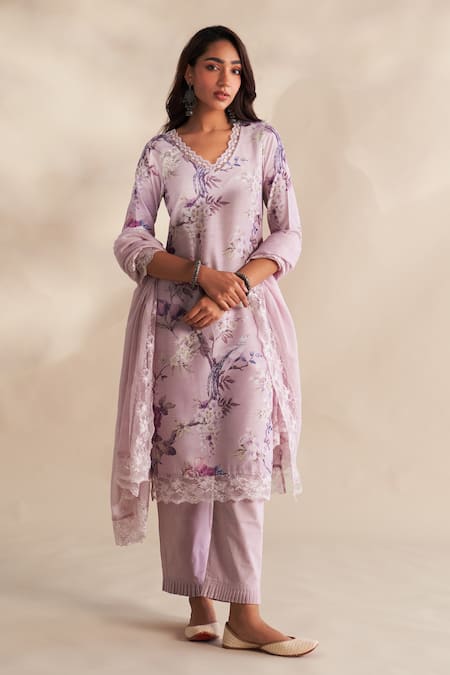 Shop_Roze_Lilac Cambric, Cotton, Kota Doria Embroidery Samaira Floral Pattern Kurta Set _Online_at_Aza_Fashions