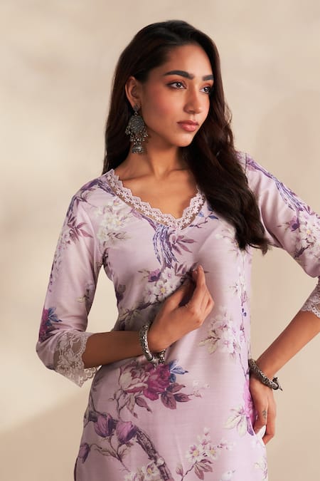 Roze_Lilac Cambric, Cotton, Kota Doria Embroidery Samaira Floral Pattern Kurta Set _at_Aza_Fashions