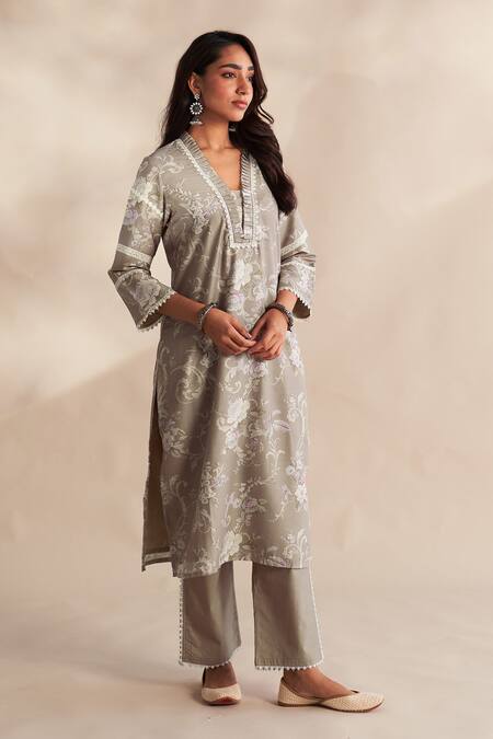 Buy_Roze_Taupe Cambric, Cotton, Kota Doria Lace, Embroidery Vahida Printed Kurta Set _Online_at_Aza_Fashions