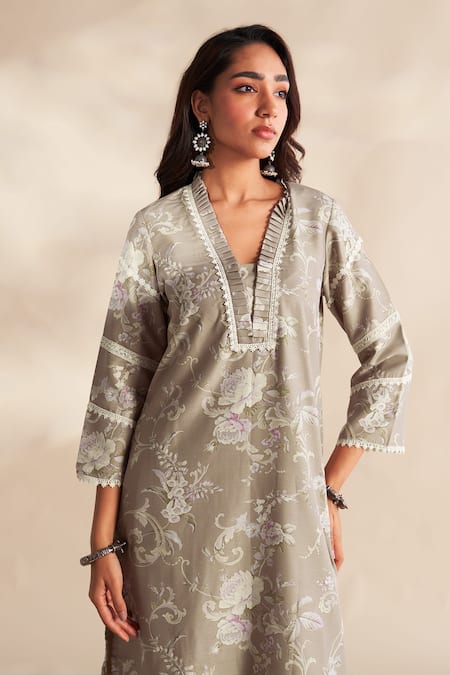 Shop_Roze_Taupe Cambric, Cotton, Kota Doria Lace, Embroidery Vahida Printed Kurta Set _Online_at_Aza_Fashions