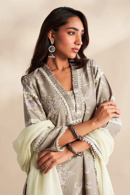 Roze_Taupe Cambric, Cotton, Kota Doria Lace, Embroidery Vahida Printed Kurta Set _at_Aza_Fashions