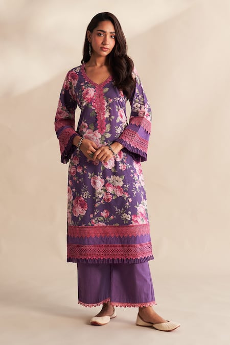 Roze Purple Cambric, Cotton, Kota Doria V-neck Raisha Kurta Set Online at Aza Fashions Roze_Purple Cambric, Cotton, Kota Doria V-neck Raisha Kurta Set _Online_at_Aza_Fashions