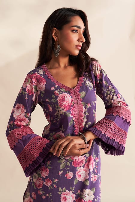 Roze Purple Cambric, Cotton, Kota Doria V-neck Raisha Kurta Set at Aza Fashions Roze_Purple Cambric, Cotton, Kota Doria V-neck Raisha Kurta Set _at_Aza_Fashions