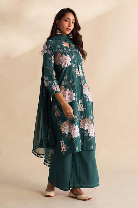 Buy Roze Green Cambric, Cotton Embroidery V-neck Aneesa Printed Kurta Set Online at Aza Fashions Buy_Roze_Green Cambric, Cotton Embroidery V-neck Aneesa Printed Kurta Set _Online_at_Aza_Fashions