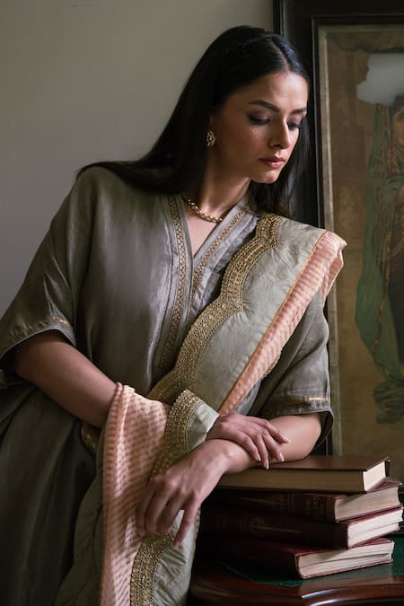 Shop Shorshe Clothing Green Tissue Zari Split V-neck Richa Handwoven Kaftan With Pant Online at Aza Fashions Shop_Shorshe Clothing_Green Tissue Zari Split V-neck Richa Handwoven Kaftan With Pant _Online_at_Aza_Fashions