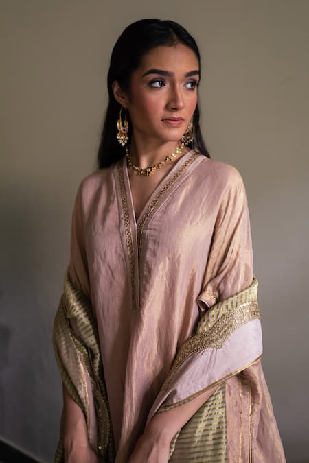 Shop_Shorshe Clothing_Mauve Tissue Zari V-neck Richa Handwoven Kaftan With Pant _Online_at_Aza_Fashions