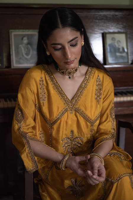 Shorshe Clothing Yellow Silk Zari V-neck Shalimaar Embroidered Kurta With Pant Online at Aza Fashions Shorshe Clothing_Yellow Silk Zari V-neck Shalimaar Embroidered Kurta With Pant _Online_at_Aza_Fashions