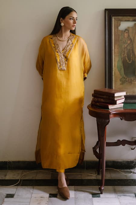 Shorshe Clothing Yellow Organza Zari, Embroidery Split V-neck Waahida Kaftan 