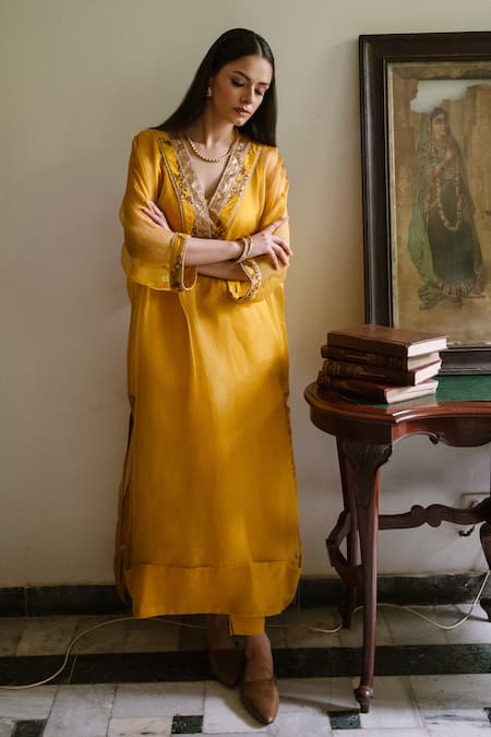 Shop Shorshe Clothing Yellow Organza Zari, Embroidery Split V-neck Waahida Kaftan Online at Aza Fashions Shop_Shorshe Clothing_Yellow Organza Zari, Embroidery Split V-neck Waahida Kaftan _Online_at_Aza_Fashions