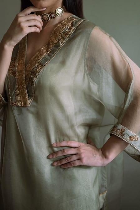 Shorshe Clothing_Green Organza Zari, Gota Patti V-neck Waahida Embroidered Kaftan _Online_at_Aza_Fashions