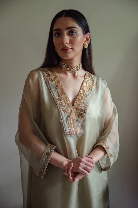 Shop_Shorshe Clothing_Green Organza Zari, Gota Patti V-neck Waahida Embroidered Kaftan _Online_at_Aza_Fashions