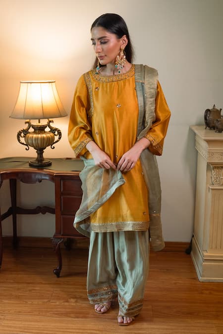 Shorshe Clothing_Yellow Chanderi Silk Embroidery, Gota Patti Round Sufi Choga Kurta And Salwar Set _Online_at_Aza_Fashions