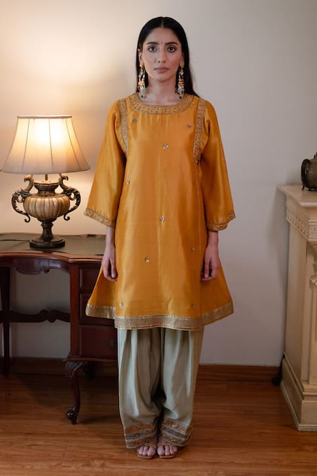 Buy_Shorshe Clothing_Yellow Chanderi Silk Embroidery, Gota Patti Round Sufi Choga Kurta And Salwar Set _Online_at_Aza_Fashions