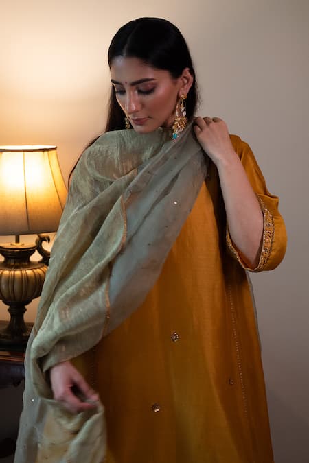 Shop_Shorshe Clothing_Yellow Chanderi Silk Embroidery, Gota Patti Round Sufi Choga Kurta And Salwar Set _Online_at_Aza_Fashions