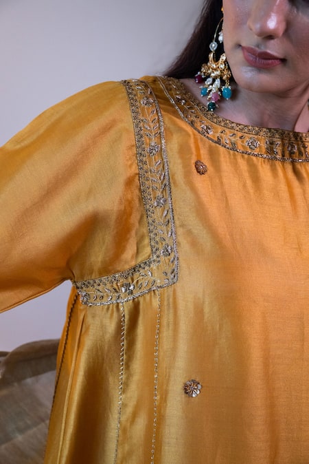 Shorshe Clothing_Yellow Chanderi Silk Embroidery, Gota Patti Round Sufi Choga Kurta And Salwar Set _at_Aza_Fashions