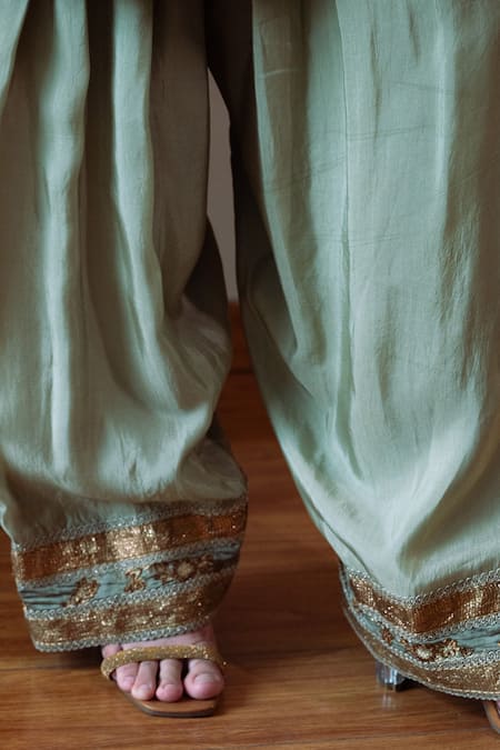 Buy_Shorshe Clothing_Yellow Chanderi Silk Embroidery, Gota Patti Round Sufi Choga Kurta And Salwar Set 