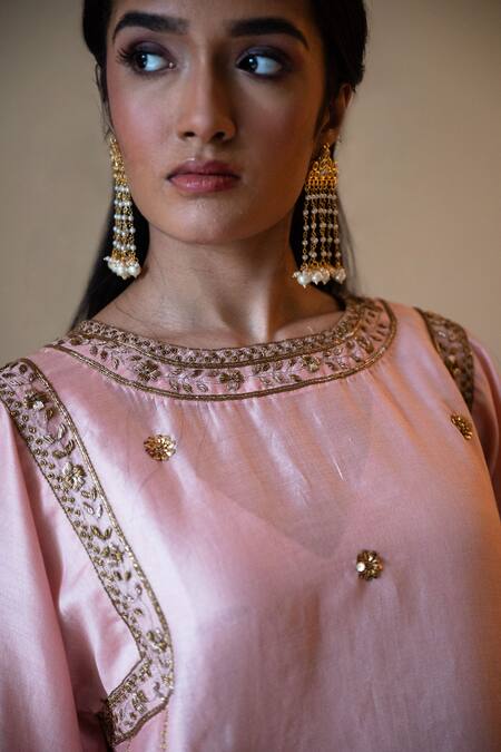 Shorshe Clothing_Pink Silk, Zari Round Neck Sufi Choga Kurta And Salwar Set _Online_at_Aza_Fashions