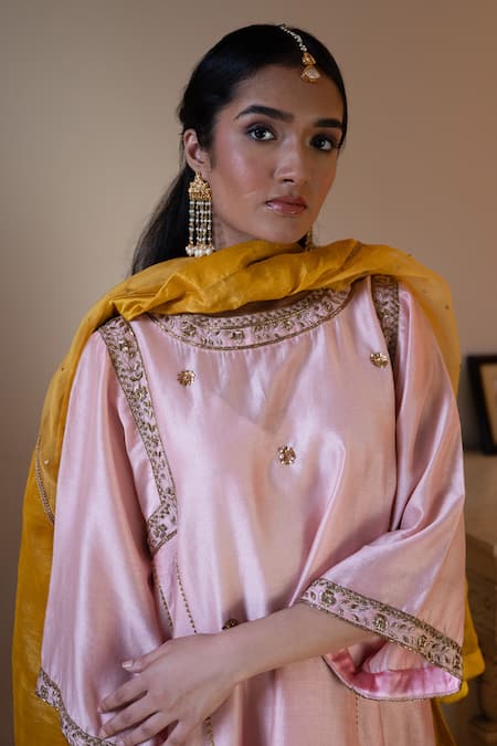 Shop_Shorshe Clothing_Pink Silk, Zari Round Neck Sufi Choga Kurta And Salwar Set _Online_at_Aza_Fashions