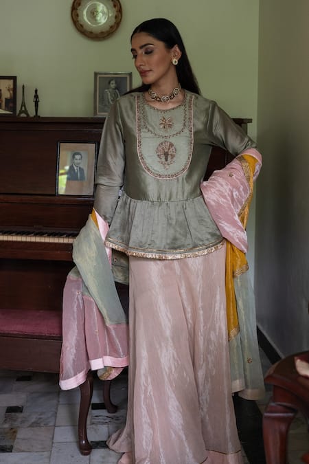 Shop Shorshe Clothing Green Chanderi, Tissue Embroidery, Zari, Gota Nur Kedia Kurta With Gharara Online at Aza Fashions Shop_Shorshe Clothing_Green Chanderi, Tissue Embroidery, Zari, Gota Nur Kedia Kurta With Gharara _Online_at_Aza_Fashions