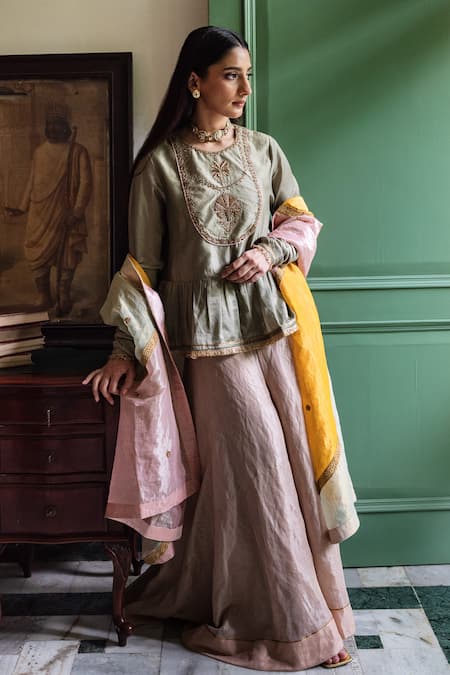 Shorshe Clothing Green Chanderi, Tissue Embroidery, Zari, Gota Nur Kedia Kurta With Gharara at Aza Fashions Shorshe Clothing_Green Chanderi, Tissue Embroidery, Zari, Gota Nur Kedia Kurta With Gharara _at_Aza_Fashions