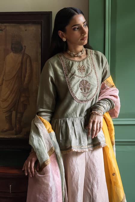 Buy Shorshe Clothing Green Chanderi, Tissue Embroidery, Zari, Gota Nur Kedia Kurta With Gharara Buy_Shorshe Clothing_Green Chanderi, Tissue Embroidery, Zari, Gota Nur Kedia Kurta With Gharara