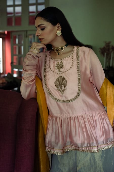 Shorshe Clothing Pink Chanderi, Tissue Embroidery, Zari, Gota Patti Nur Kedia Kurta With Gharara Online at Aza Fashions Shorshe Clothing_Pink Chanderi, Tissue Embroidery, Zari, Gota Patti Nur Kedia Kurta With Gharara _Online_at_Aza_Fashions